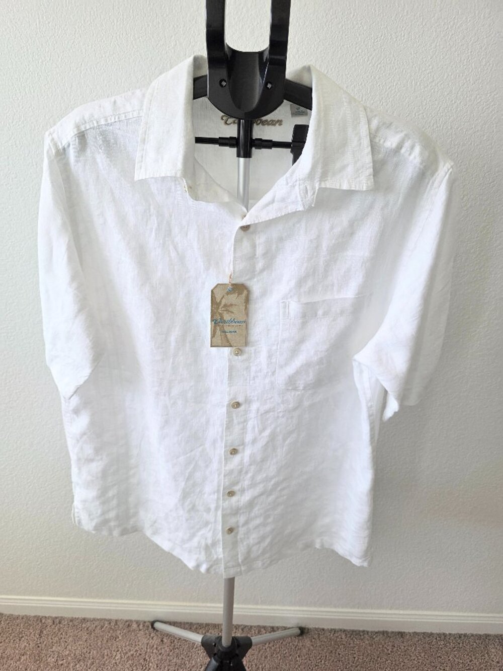 CARIBBEAN TALL MEN LINEN NWT WHITE SHORT SLEEVE SHIRT
